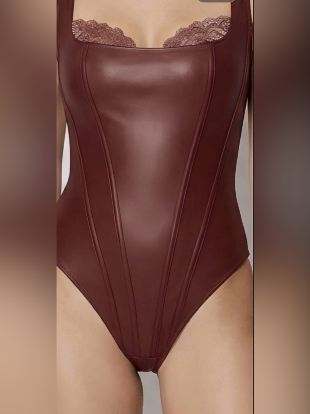 Ruched Faux Leather Burgundy Bodysuit with Lace Trim